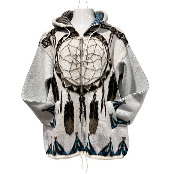 Artisan Ecuador Wool Zip Hooded Jacket, Dreamweaver, Ivory Brown Black Turq XL - Picture 1 of 9